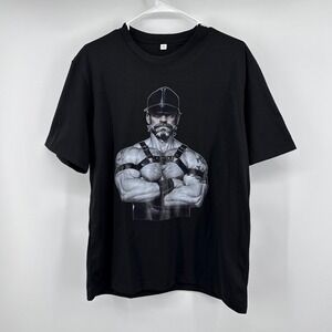 Fashion Mens Black Graphic T-Shirt Leather Harness Muscle Man Print Size M